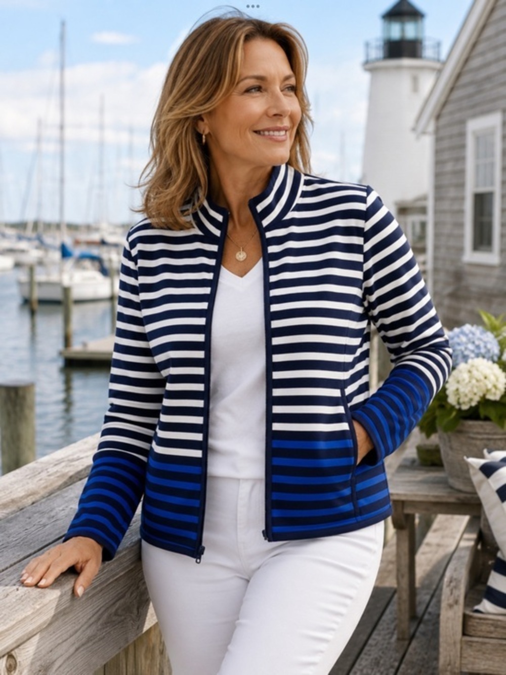 Talbots navy and white Nautical Knit Full Zip lightweight jacket size Large